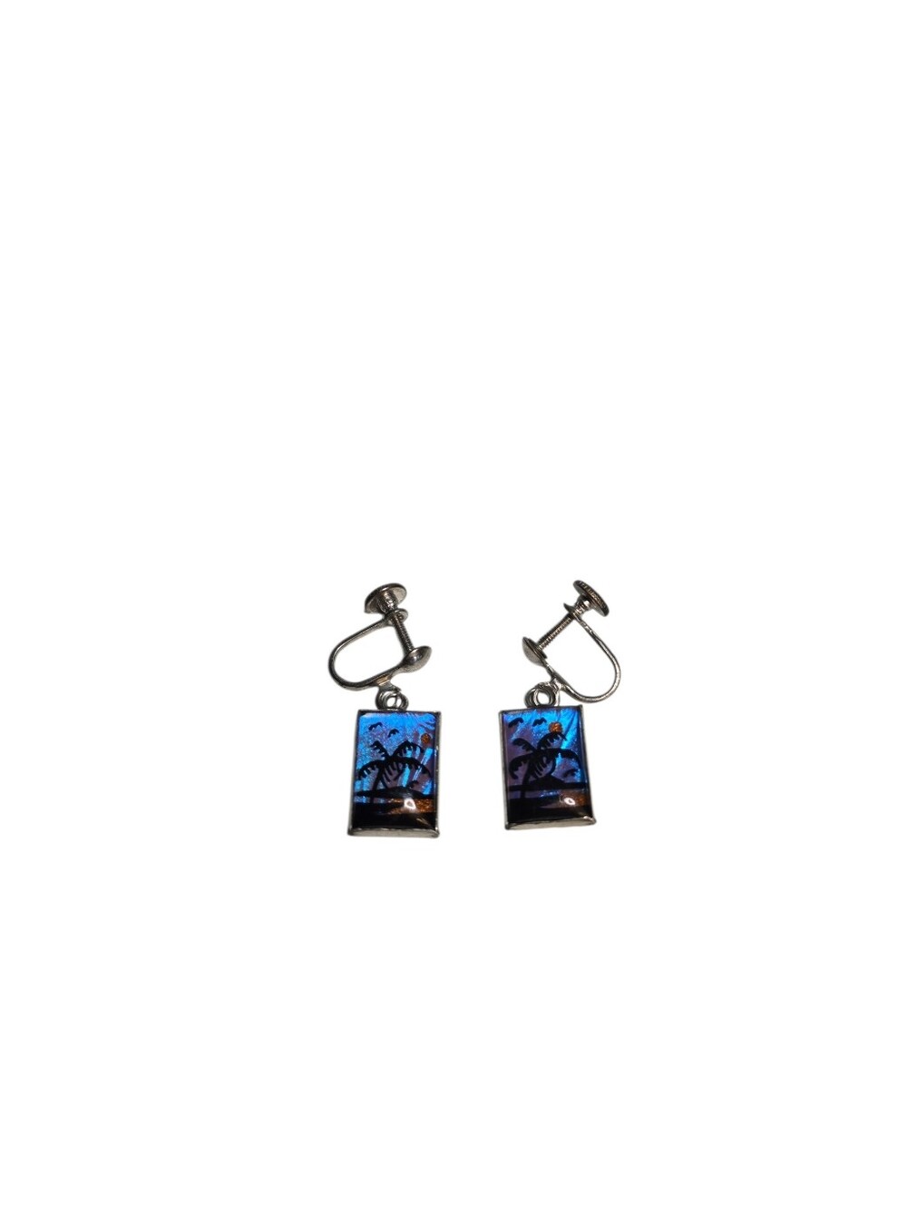Vintage Butterfly Wing Tropical Palm Trees Beachy Blue Morpho Screwback Earrings